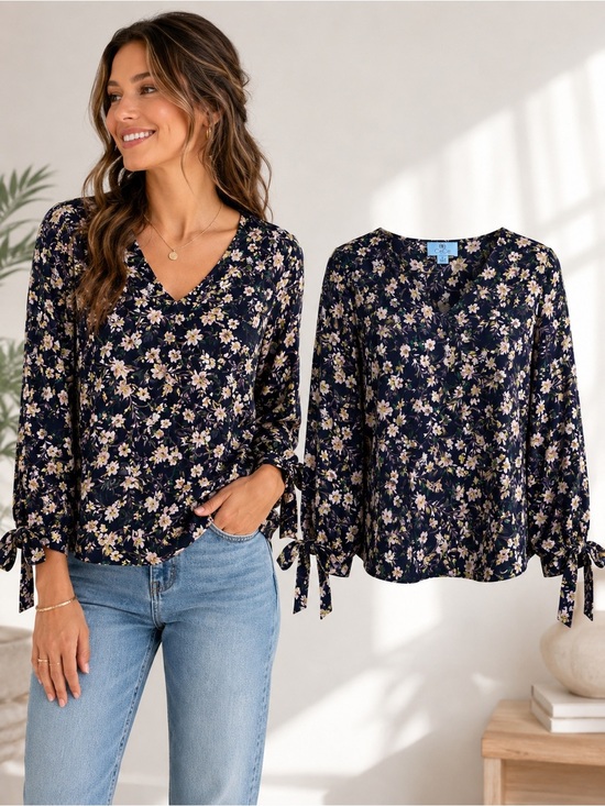 CeCe Tops - CeCe | Floral Tie Sleeve Blouse Navy Multi | Women's Large Romantic Cottagecore